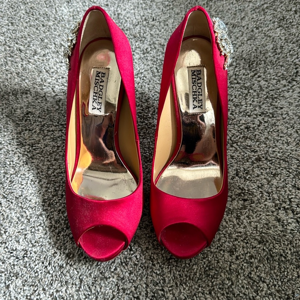 Badgley Mischka Red Satin Peep-Toe Heels with Crystal Accent